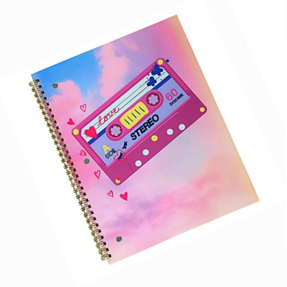 Retro Style Casette Tape Pink Spiral Notebook - Wide Ruled - 10.5" x 8" - 1 Subject/70 Pages