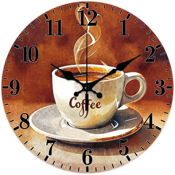 Retro Style Coffee Pattern Wall Clock 12 Inch Non-Ticking Brown Clocks Round Wall Hanging Clock Battery Operated for DIY Bedroom Living Room Kitchen Office