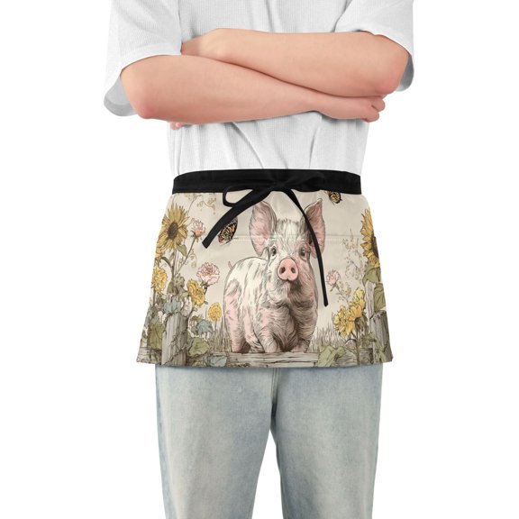 Retro Style Cute Pig with Sunflowers Short Server Apron with 3 Pockets for Unisex Chef Gardening