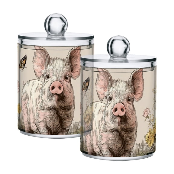Retro Style Cute Pig with Sunflowers Translucent Plastic Cans Storage Canisters with Lid Set of 2