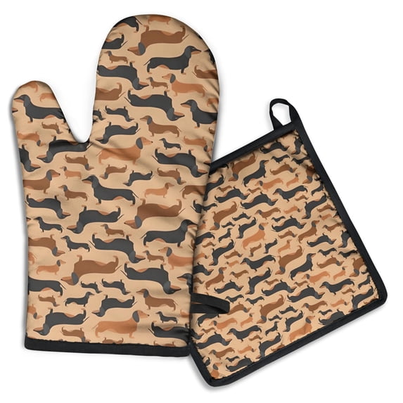 Retro Style Dachshunds Kitchen Oven Mitt and Pot Holder Sets 2 Pcs for Baking, Cooking and Grilling, Heat Resistant Up To 392 °F