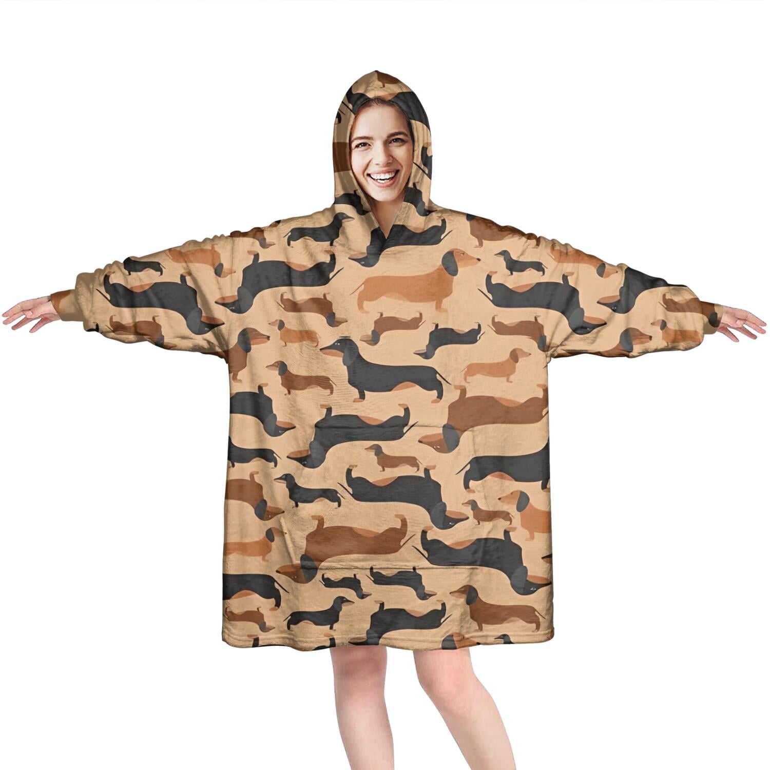 Retro Style Dachshunds Wearable Oversized Blanket,Wearable Blanket Hoodie for Adults,Cozy Hooded Blankets with Super Pockets,Super Warm Fuzzy Pullover for Women & Men