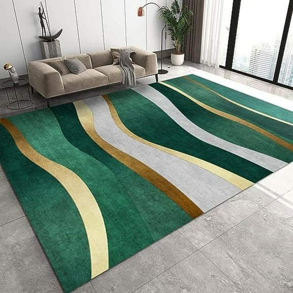Retro Style Dark Green Gold Geometric Area Rugs, Light Luxury Emerald Green Stripe Art Home Decor Rug, Non-Slip Machine Washable Large Carpet For Living Dining Dorm Room Bedroom Decor 5' x 7'