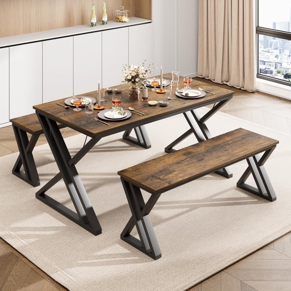Retro Style Dining Table Set for 4 with Benches - Space-Saving 44.8" Kitchen and Dining Room Furniture, Sturdy X Metal Frame, Perfect for Kitchen, Apartment, or Studio
