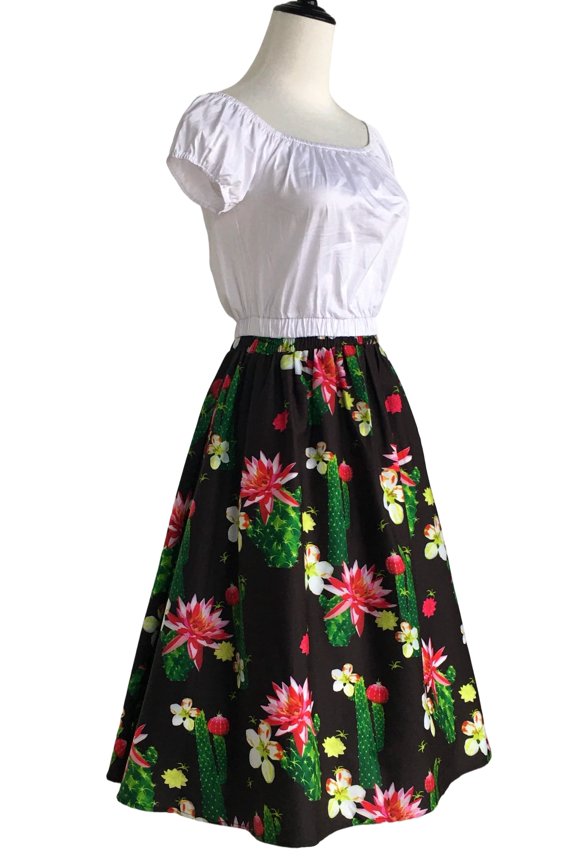 Retro Style Elastic Waist Printed Long Skirts