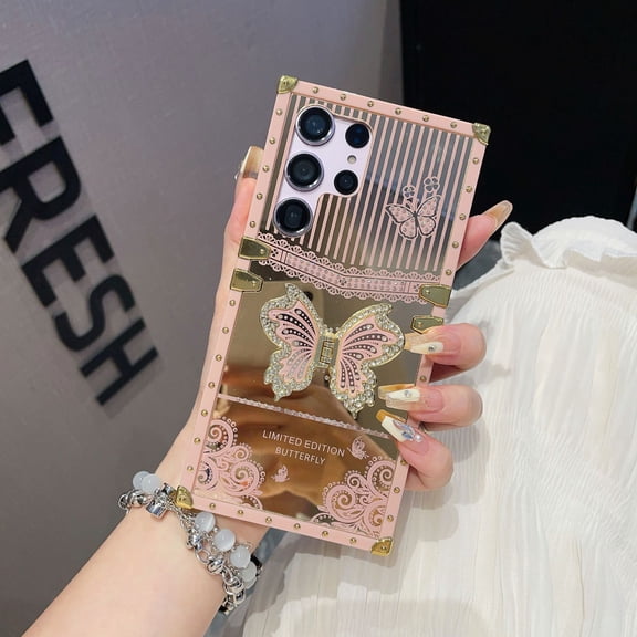 Retro Style Electroplating Rhinestones Phone Case For Samsung S25 Ultra S24 Plus S23 FE S22 S21 A36/A56 A26 A16 A06 A05S A05 A15 A73 A72 A54 A53 A35/A55 Creative Butterfly Bracket Protective shell