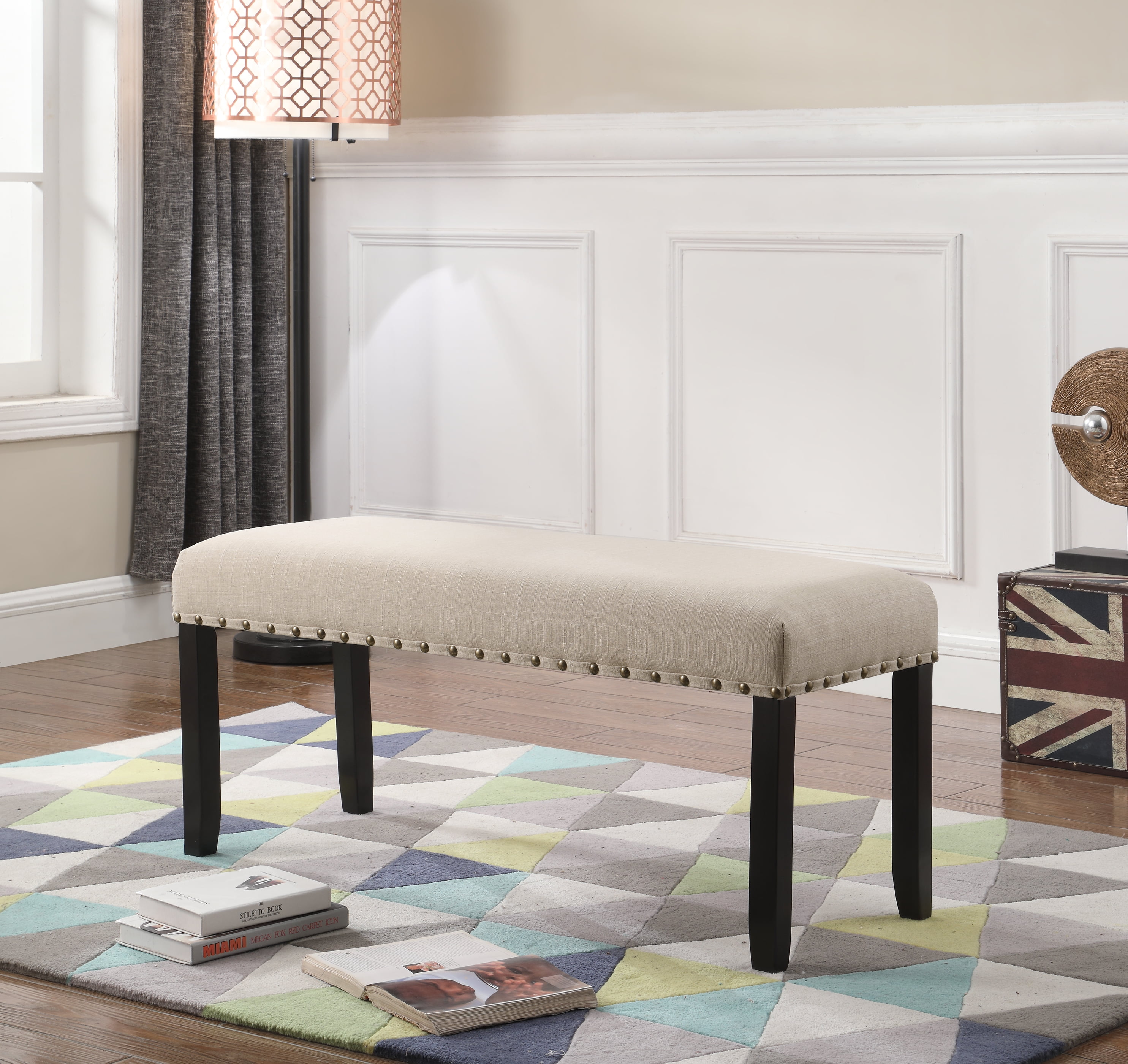 Retro Style Fabric Dining Bench with Nailhead Trim,Movable Chair for ...