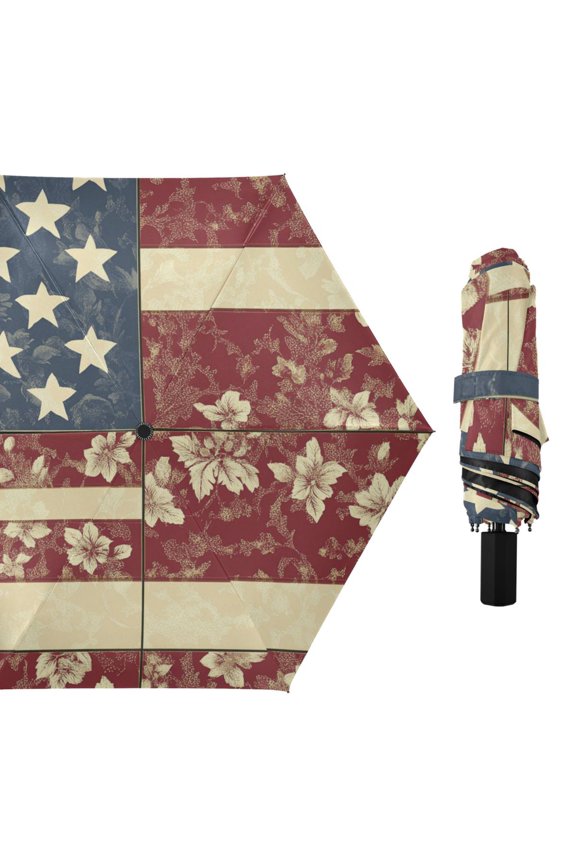 Retro Style Flag Pattern Patchwork All Weather Umbrella Triple Folding Parasol 6 Ribs UV Protection Portable