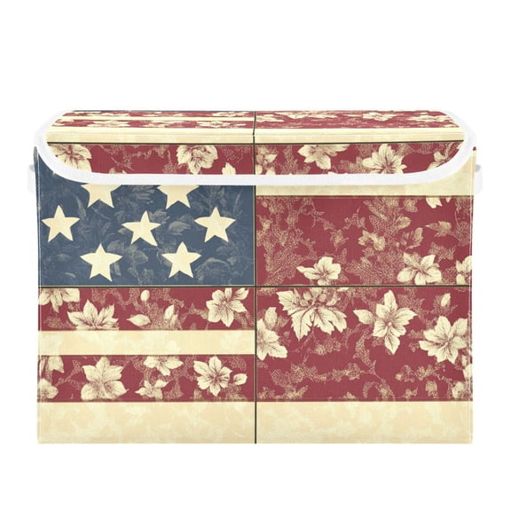Retro Style Flag Pattern Patchwork Foldable Storage Bin with Lid and Handle Collapsible Storage Box 16.5 x 12.6 x 11.8 inches