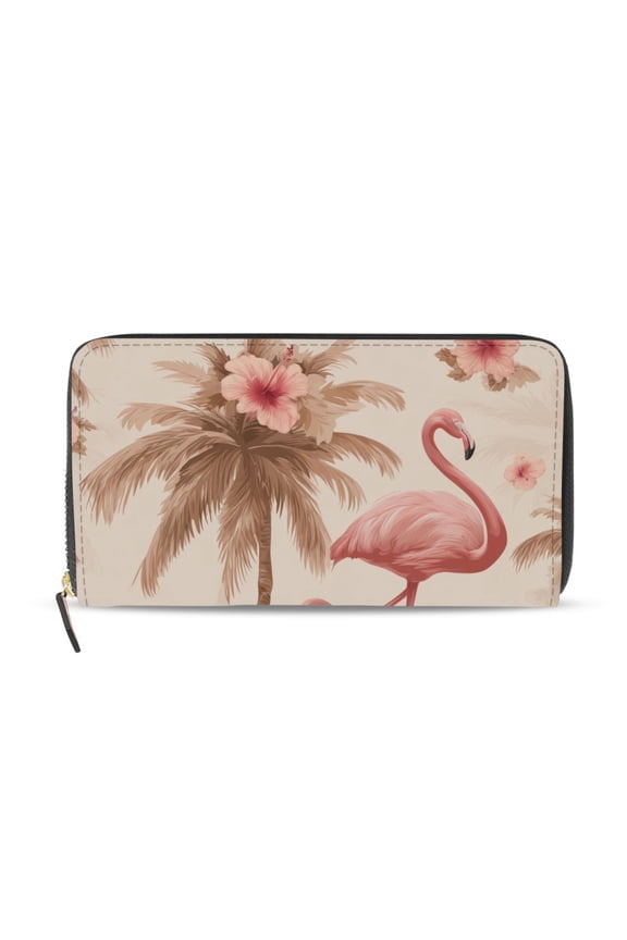 Retro Style Flamingo Walking Flowers Palm Trees Women's Long Zipper Wallet Bifold Clutch Purse PU Leather Card Cases