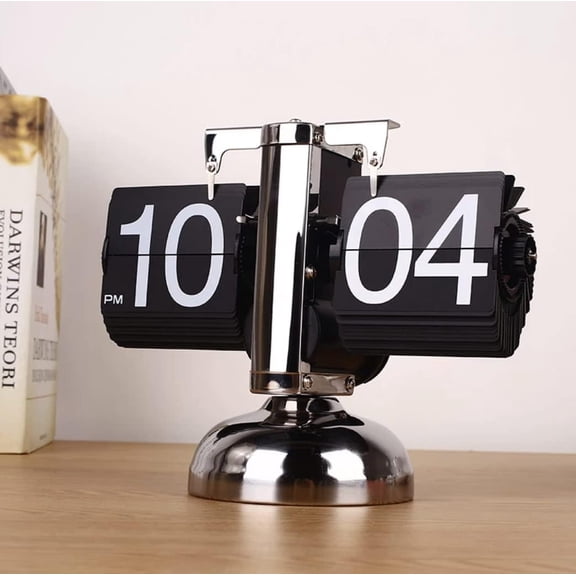 Retro Style Flip Desk Shelf Clock, Internal Gear Operated, Classic Mechanical, Battery Powered, Tabletop Mounted, for Home & Office Decoration, Gift for Family and Friends, Black (BDL902)