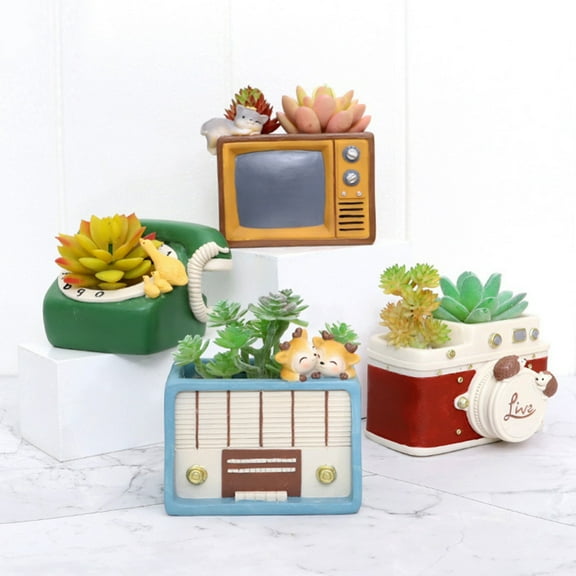 Retro Style Flower Pot Resin Succulent Flower Pot Creative-TV Radio Planter Home Office Desk Deco
