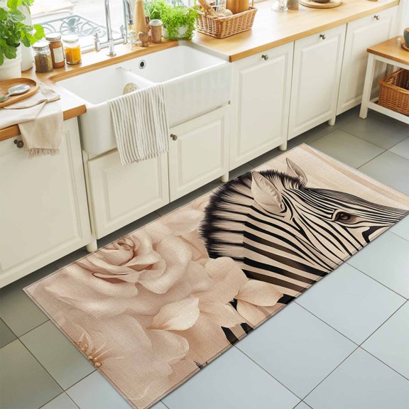 Retro Style Flowers Rose Rectangle Area Rug 2x6ft,Living Room Rug Non-Slip Washable Circle Rugs Pad,Black Zebra Stripe Soft Floor Carpet for Bedroom Dining Room
