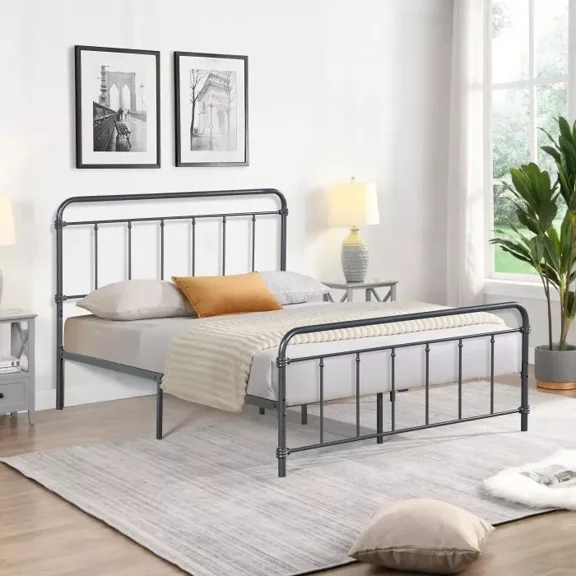 Retro Style Full Size Metal Platform Bed, Fully Slatted Bed Frame, Dark Gray