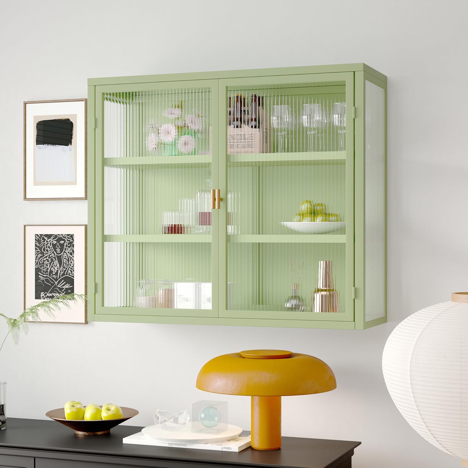 Retro Style Haze Double Glass Door Wall Cabinet with Detachable Shelves ...
