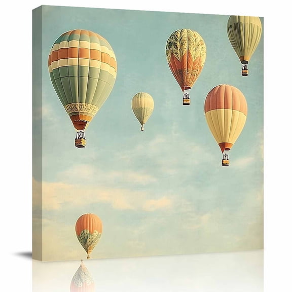 Retro Style Hot Air Balloon Canvas Artwork Painting Art, Blue Sky Cloud Scene Square Framed Wall Decorations Prints Picture for Bedroom Kitchen Living Room, 16x16 in