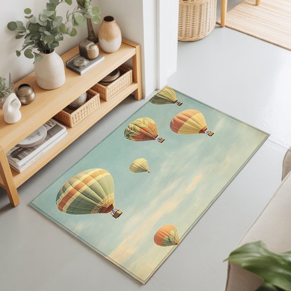 Retro Style Hot Air Balloon Rectangle Rug 2'x3' Blue Sky Cloud Scene Washable Area Rugs for Living Room Bedroom Entryway Non Slip Entrance Door Mat Indoor Floor Carpet