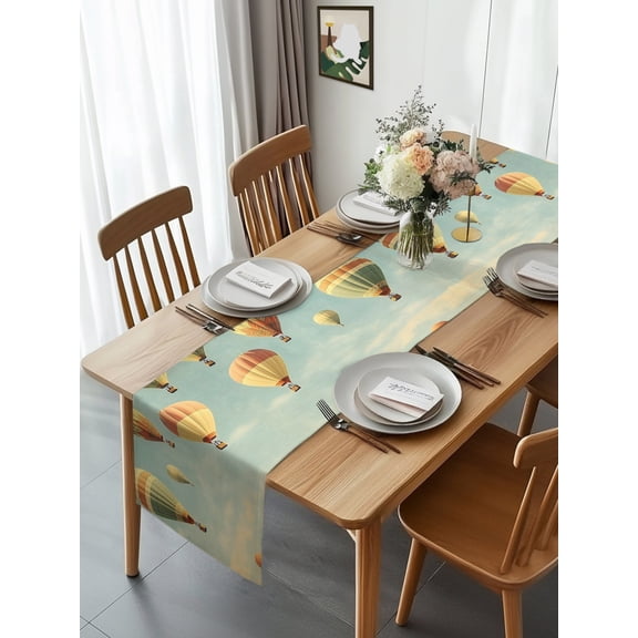 Retro Style Hot Air Balloon Table Runner 90 Inches Long, Blue Sky Cloud Scene Table Runners Tabletop Scarf Kitchen Dining Tables Decoration for Home Party Indoor Outdoor