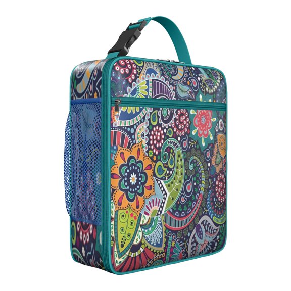 Retro Style Insulated Lunch Box, Bohemian Cooler Tote Bag with Multi-Pocket Organization