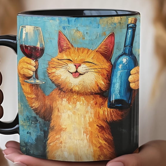 Retro Style Large Orange Cat Drinking Wine, Black Coffee Cup, Novelty Gift, Cat Lover Gift, Funny Kitchen Decor, Unique Mug, Morning Coffee
