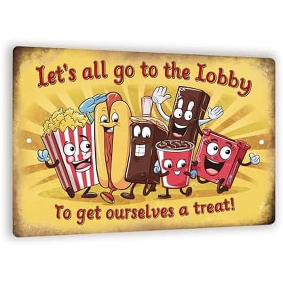 Retro-Style "Let's All Go to the Lobby" Metal Sign- Vibrant Snacks and Drinks with Expressive Faces - Fun and Nostalgic Wall Art