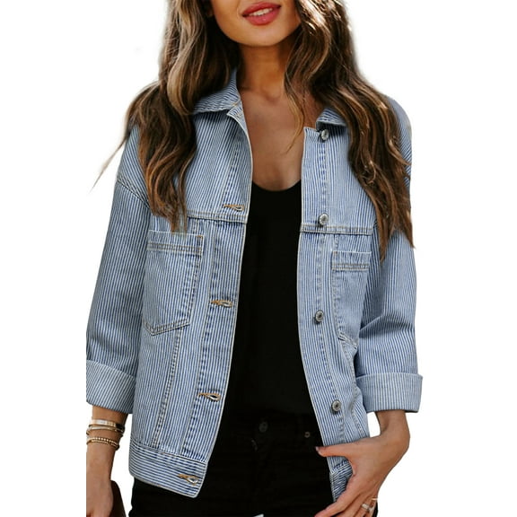 Retro Style Long Sleeve Denim Jacket: Sky Blue Stripe, Oversized Fit