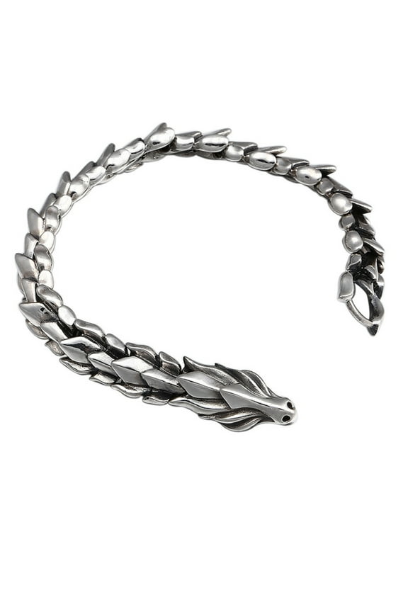 Retro Style Mens Steel Dragon Link Chain Bracelet, Vintage Old Metal Finishing, Spring Hook Clasp