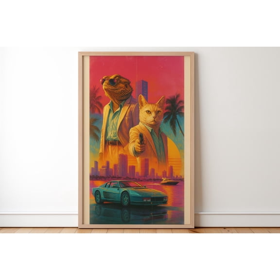 Retro Style Miami Vice City Syndicate Cat And Bearded Dragon Wall Art Decor Perfect Gift Idea For Mother Father