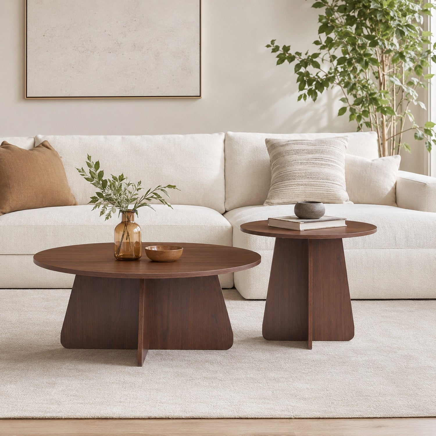 Retro-Style Nesting Coffee Table Set, Available In Walnut Or Natural Wood Finishes, Round Nesting Side Tables With Crisscross Legs, Ideal For Living Rooms And Dining Rooms