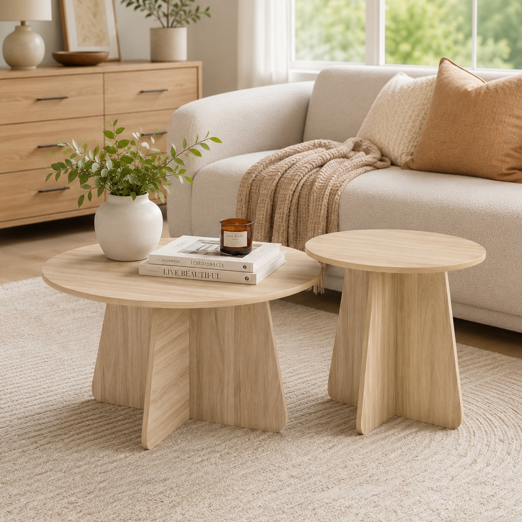 Retro-Style Nesting Coffee Table Set, Available In Walnut Or Natural Wood Finishes, Round Nesting Side Tables With Crisscross Legs, Ideal For Living Rooms And Dining Rooms