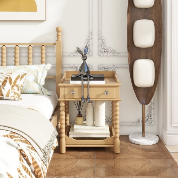 Retro Style Nightstand with Drawer and Open Shelf for Bedroom, Bedside Table with Turned Legs and Metal Handle,Natural