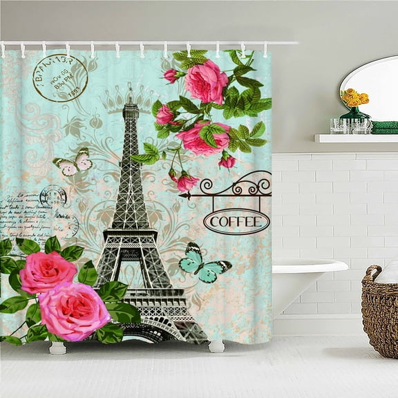 Retro Style Paris Tower Shower Curtain Bathroom Curtains European Flower Scenery Waterproof Polyeste Fabric Bathtub Decorate