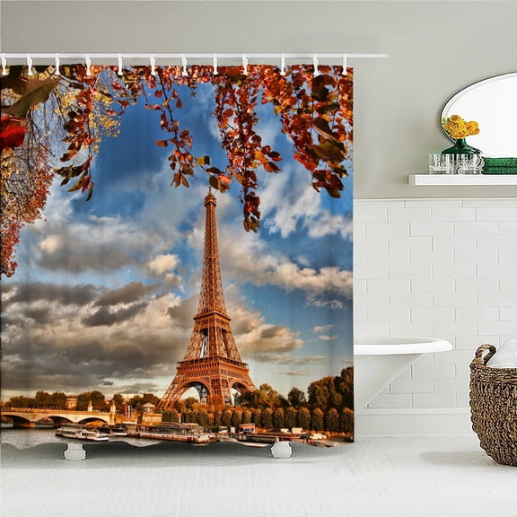 Retro Style Paris Tower Shower Curtain Bathroom Curtains European Flower Scenery Waterproof Polyeste Fabric Bathtub Decorate