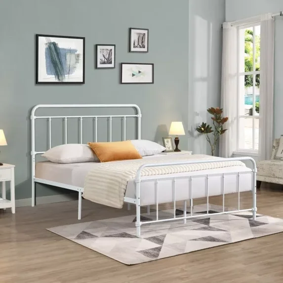 Retro Style Queen Size Metal Platform Bed, Fully Slatted Bed Frame, White