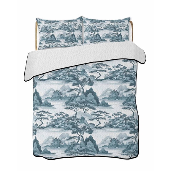 Retro Style Quilts Bedding Set California King Chinese Garden Plant Landscape Lightweight Quilted Bedspread 3 Piece Bed Quilt with 2 Pillow Shams All Season for Bedroom 96" x 106"