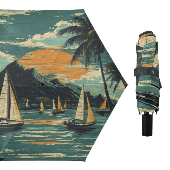 Retro Style Sailboats Trees All Weather Umbrella Triple Folding Parasol 6 Ribs UV Protection Portable