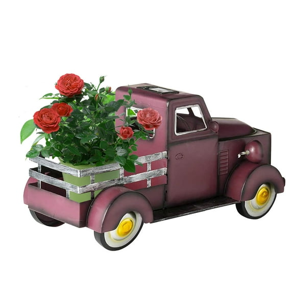 Retro Style Solar Pickup Truck Garden Decoration,Vintage Metal Truck Planter, Solar Pickup Truck Flower Pot with Car Light,Cute Vintage Metal Truck Planter Bus,LED Lighted Desktop Garden Decoration