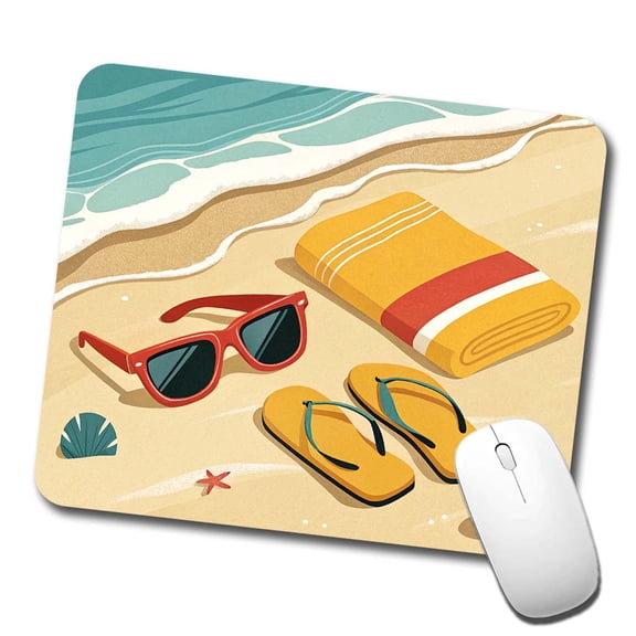 Retro Style Sunglasses Flip Flops Towel On Sandy Beach Mouse Pad Low Profile Gaming Mat