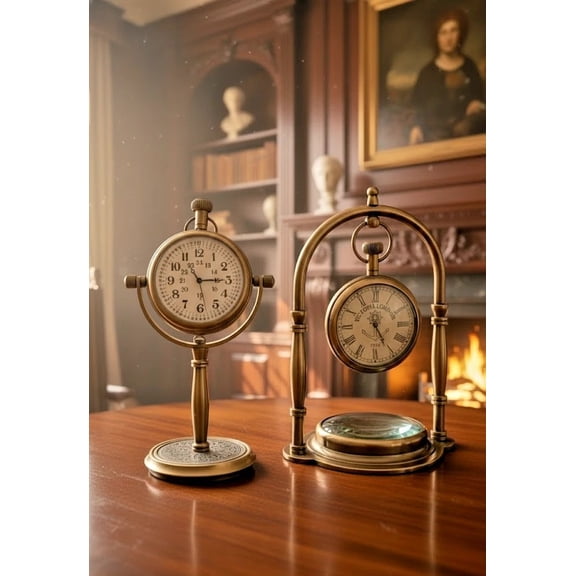 Retro Style Table Clocks, Handcrafted, Brass, Set of 2