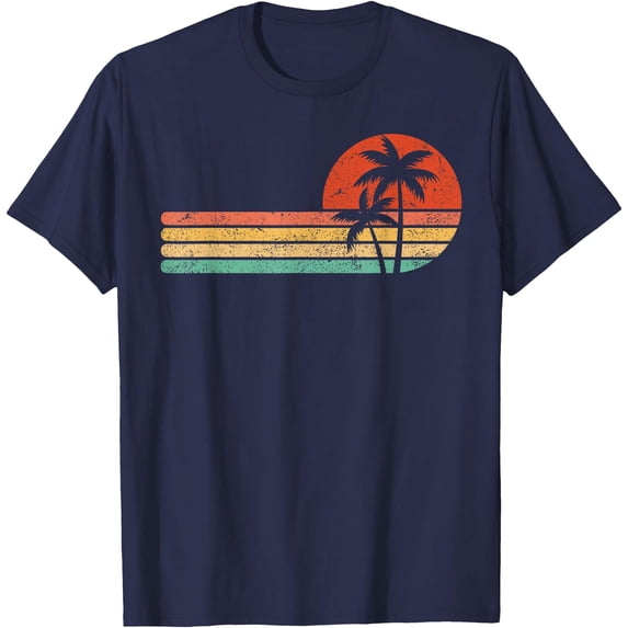 Retro Style Tropical Vintage sunset Beach Palm Tree Unisex T-Shirt for Men Women Kids Toddler,Navy Color,Size 5/6