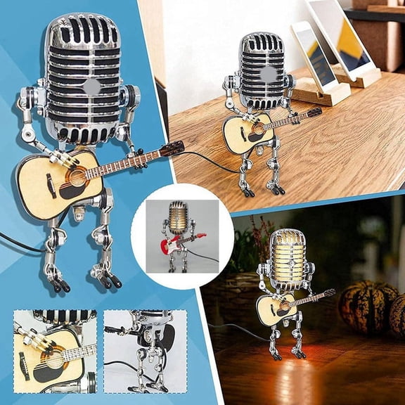 Retro Style Vintage Microphone Robot Desk Lamp, Vintage Microphone Robot Touch Dimmer Lamp Table Lamp White