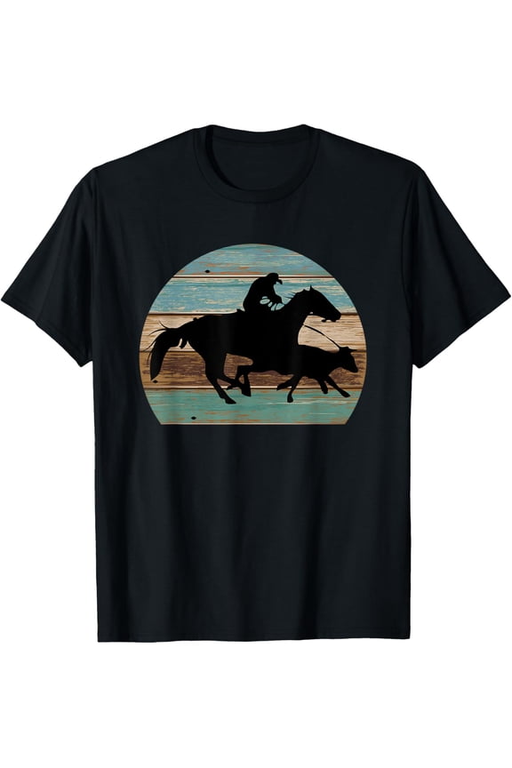 Retro Style Western Cowhorse Calf Roping T-ShirtMen and women, Black T-shirt, size: Extra large