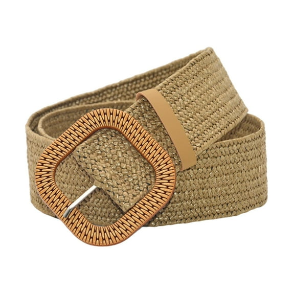 Retro Style Wide Straw Woven Waist Belt Elastic Waistband Birthday Women, Khaki