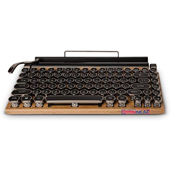 Retro Style Wireless Typewriter Keyboard Compatible with Mac/Windows/Android/Linux, Multi-Pairing, Mechanical Switches to Improve Typing Experience, All Metal Structured with Wood Background