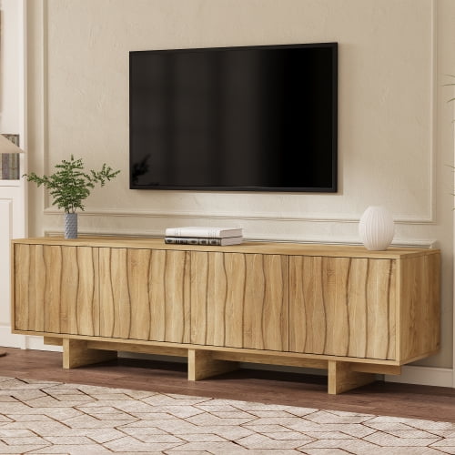 Retro Style Wood Grain TV Stand with Wavy Door for TVs up to 75", Rustic Media Console with Ample Storage Space, Sturdy Base TV Cabinet with Cable Management for Living Room, Natural
