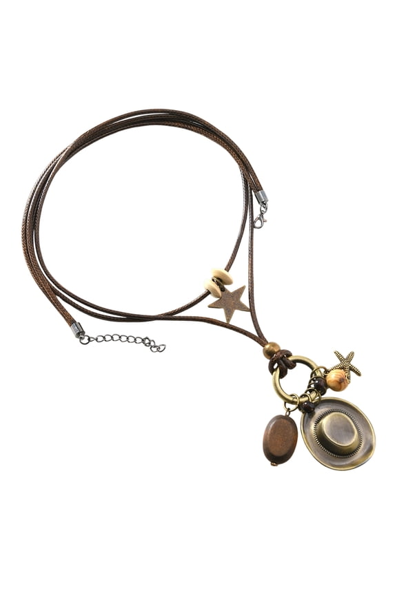 Retro Styles Adjustable Cowboy Necklace Handcrafted Wax Thread Chain With Alloy Hat Charm And Natural Bead Accents