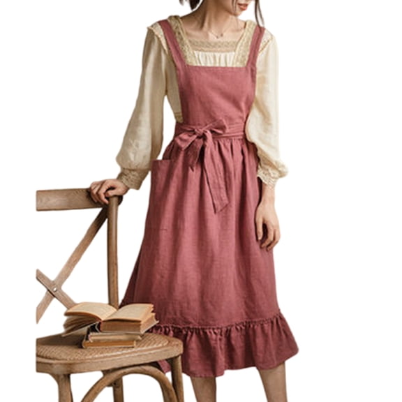 Retro Styles Adjustable Ruffle Apron with Pockets Cotton Linen Pinafore Dress for Homemakers and Cooking Enthusiasts