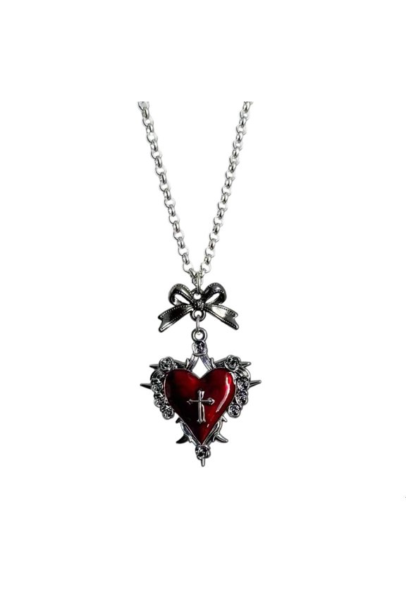 Retro Styles Modern Gothic Necklace with Heart Bowknot and Crosses Accent