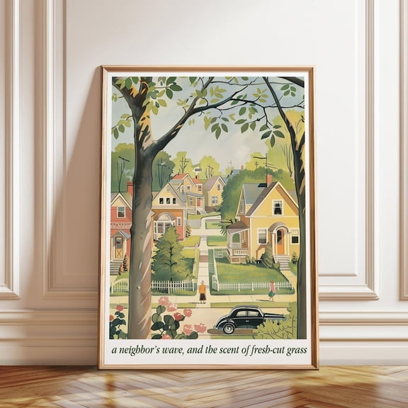 Retro Suburban Home Vintage Neighborhood Wall Art Print, Unframed Paper Poster 8x10in