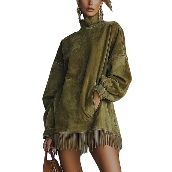 Retro Suede Tassel Women Mini Dress High Neck Long Sleeve Pockets Fringe Hem Party Dress American Retro Autumn Street Dress